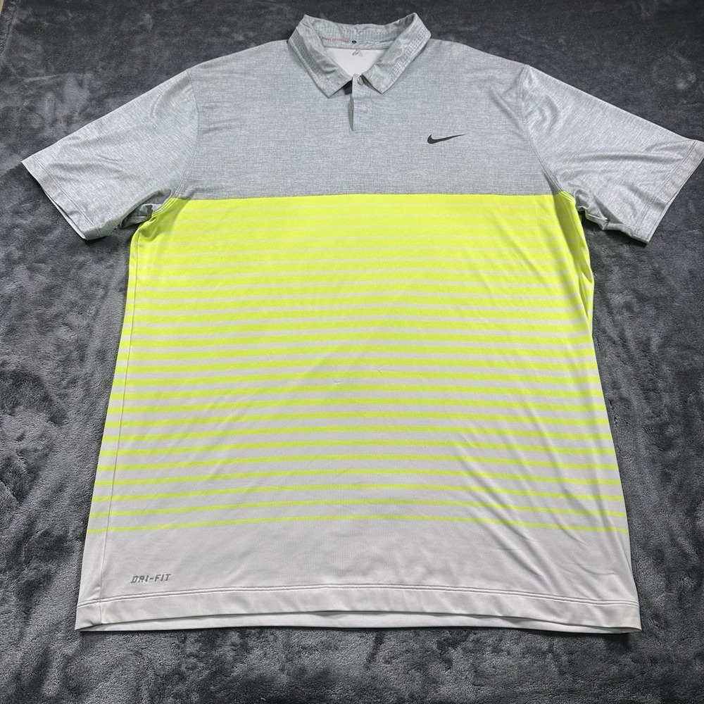 Nike Tiger Woods Golf Polo Men's LARGE  Dri-Fit Grey Yellow Stripes